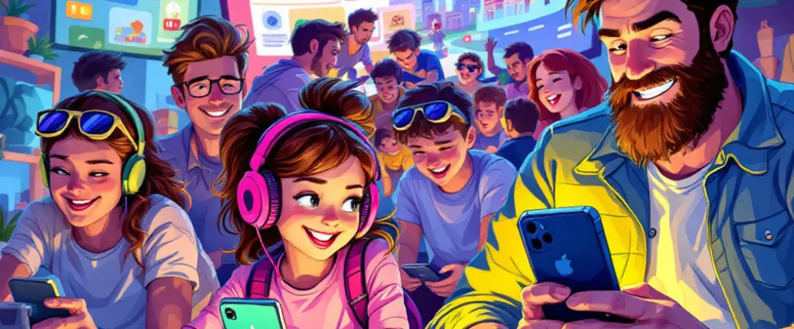 A group of happy teenagers and young adults in a gaming arcade, playing games on their smartphones, smiling, laughing, and enjoying their time together.